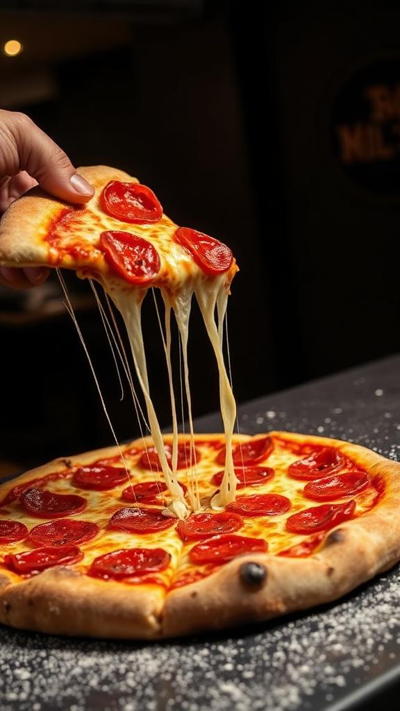 Wood-fired pepperoni pizza with cheese pull